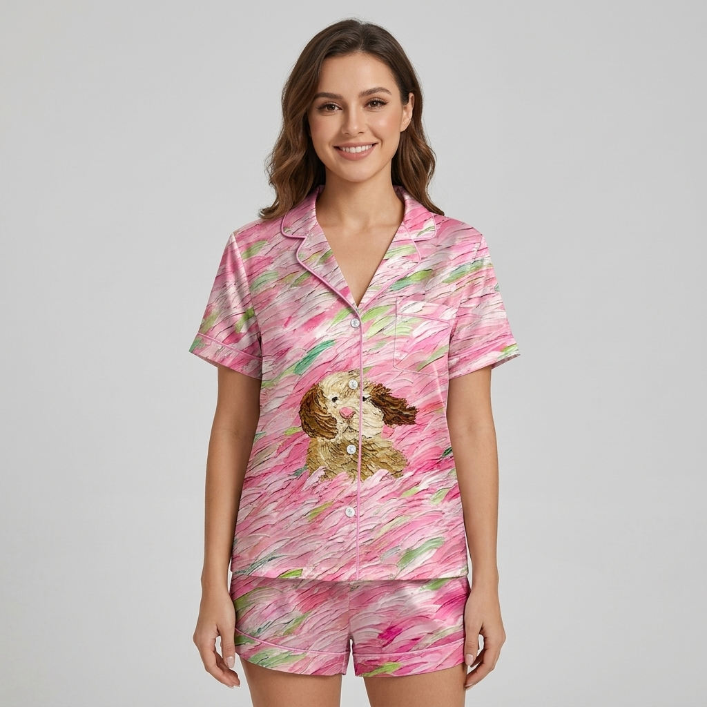 Women's satin pajama set with a caramel cocker spaniel in rose and blush brushstrokes - short sleeve and shorts