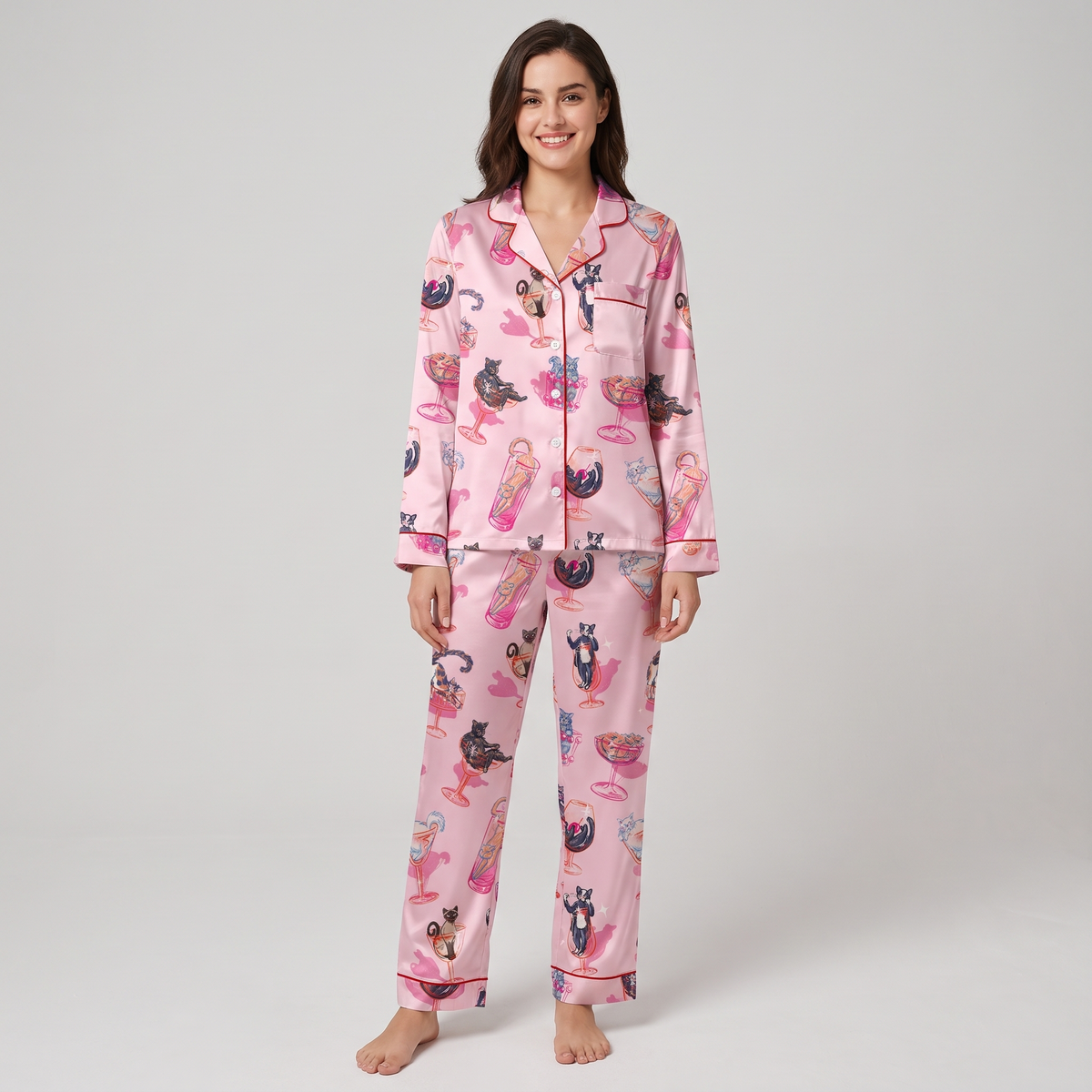 Pink Cocktail Cats Women's Pajama Set - long sleeve and pants