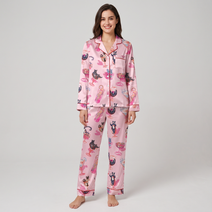 Pink Cocktail Cats Women's Pajama Set - long sleeve and pants