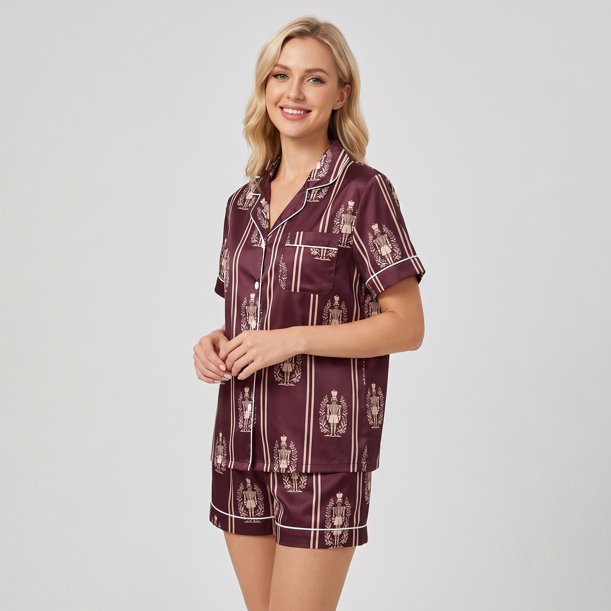 Burgundy Nutcracker Stripes Women's Pajama Set - short sleeve and shorts