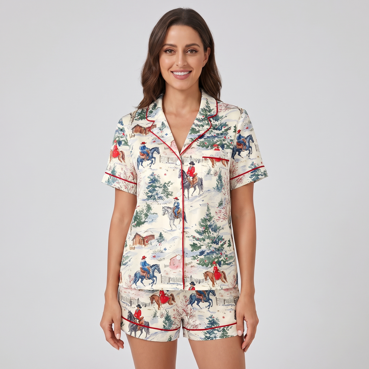 Snowy Trail Ride Christmas Horses Women's Pajama Set - short sleeve and shorts