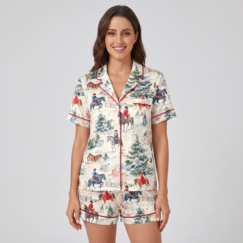 Snowy Trail Ride Christmas Horses Women's Pajama Set - short sleeve and shorts