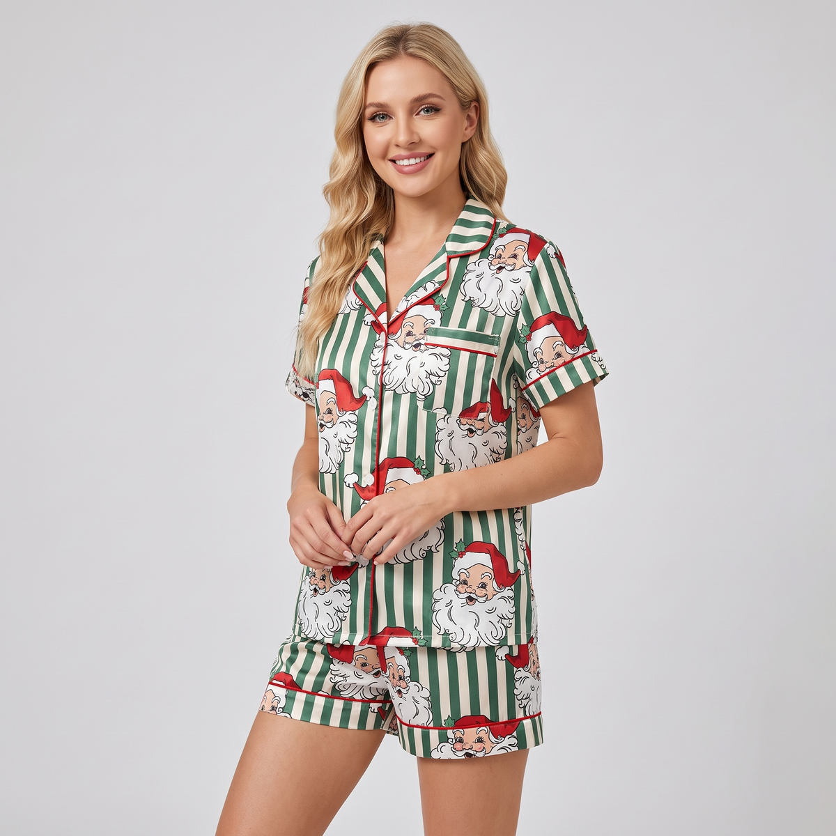 Green Stripe Santa Women's Pajama Set - short sleeve and shorts