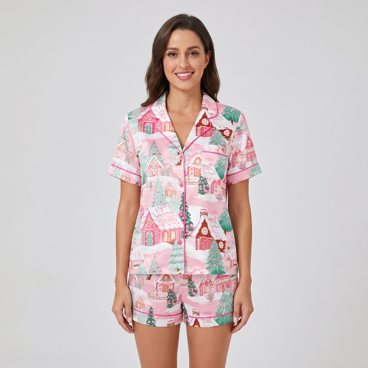 Dreamy Pink Houses Women's Pajama Set - short sleeve and shorts