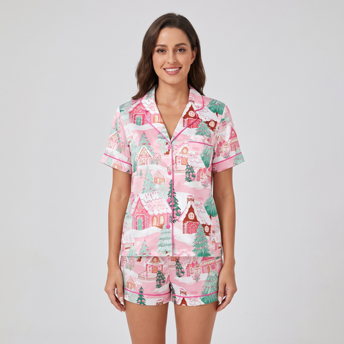 Dreamy Pink Houses Women's Pajama Set - short sleeve and shorts