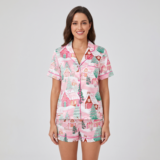 Dreamy Pink Houses Women's Pajama Set - short sleeve and shorts