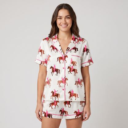 Pink Cowgirl Riders Horse Women's Pajama Set - short sleeve and shorts