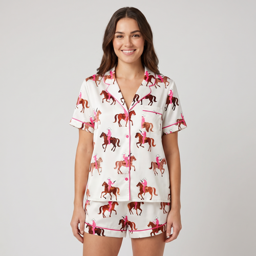 Pink Cowgirl Riders Horse Women's Pajama Set - short sleeve and shorts