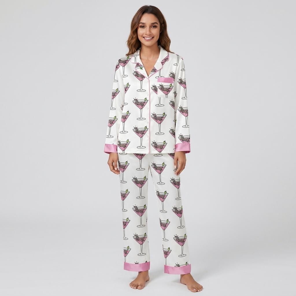 Women's satin pajama set with tiny dachshunds in pink martini glasses with olives on white - long sleeve and pants