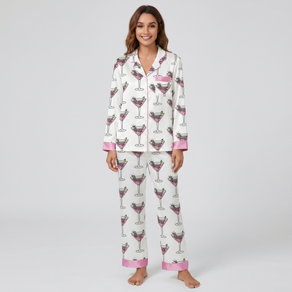 Women's satin pajama set with tiny dachshunds in pink martini glasses with olives on white - long sleeve and pants