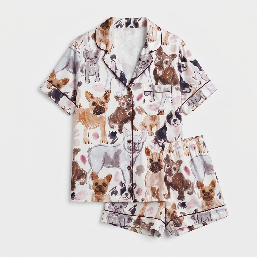 Women's long-sleeve satin pajama set with painted fawn, brindle and gray French bulldog portraits on white - flat lay