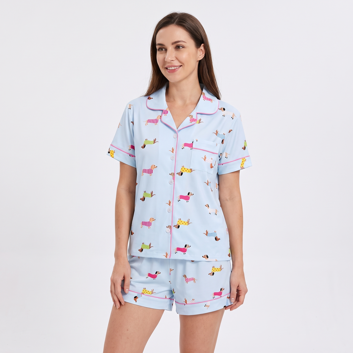 Sweater Weather Dachshunds Women's Pajama Set - Blue - short sleeve and shorts