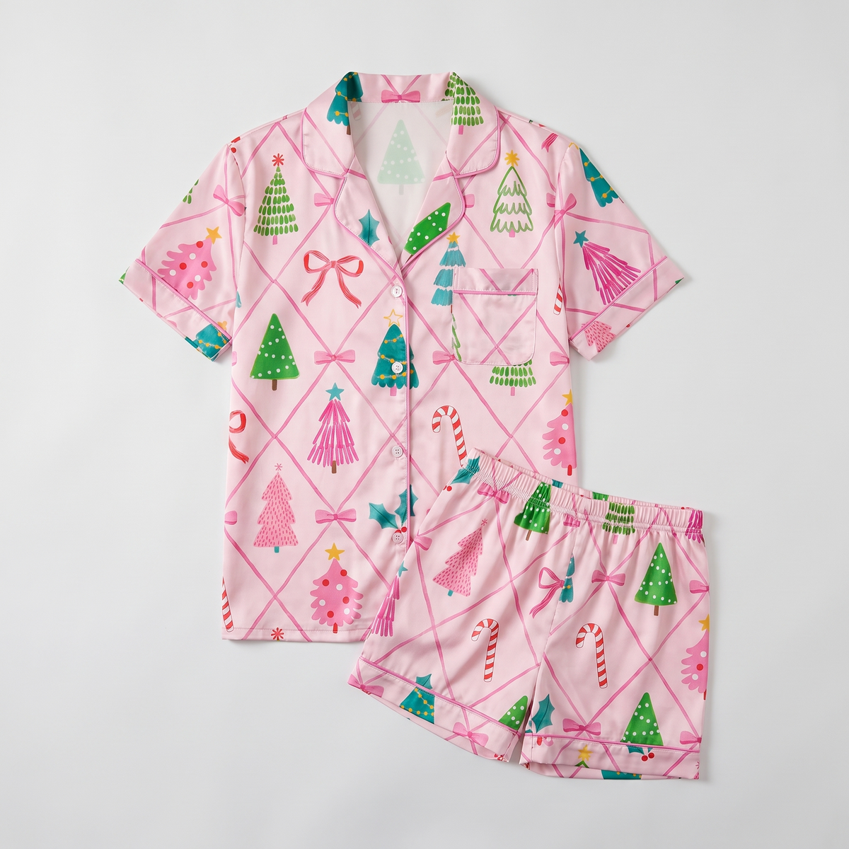 Pink Diamond Trees Women's Pajama Set - flat lay