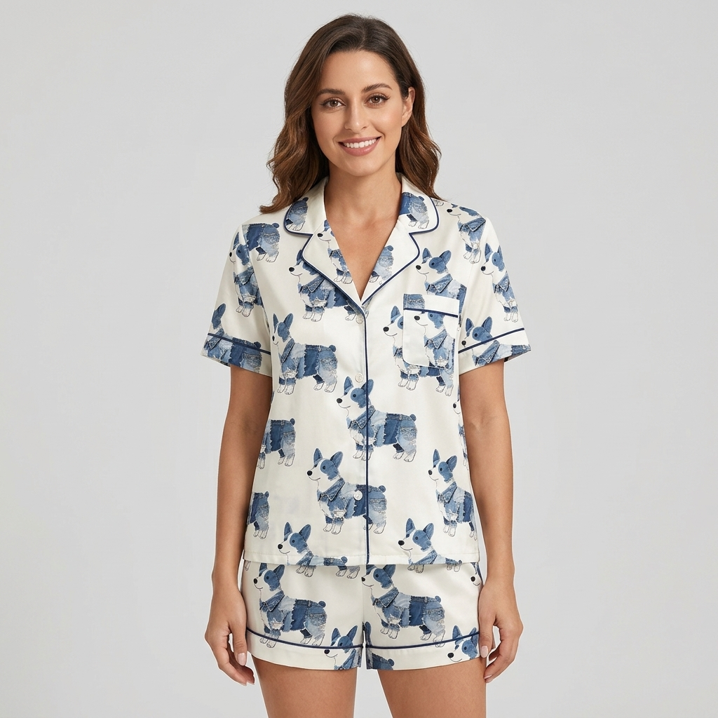 Women's satin pajama set with watercolor indigo corgis in neat rows on white - short sleeve and shorts