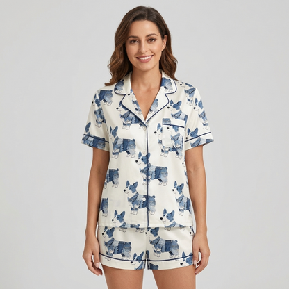 Women's satin pajama set with watercolor indigo corgis in neat rows on white - short sleeve and shorts
