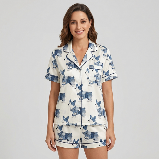 Women's satin pajama set with watercolor indigo corgis in neat rows on white - short sleeve and shorts