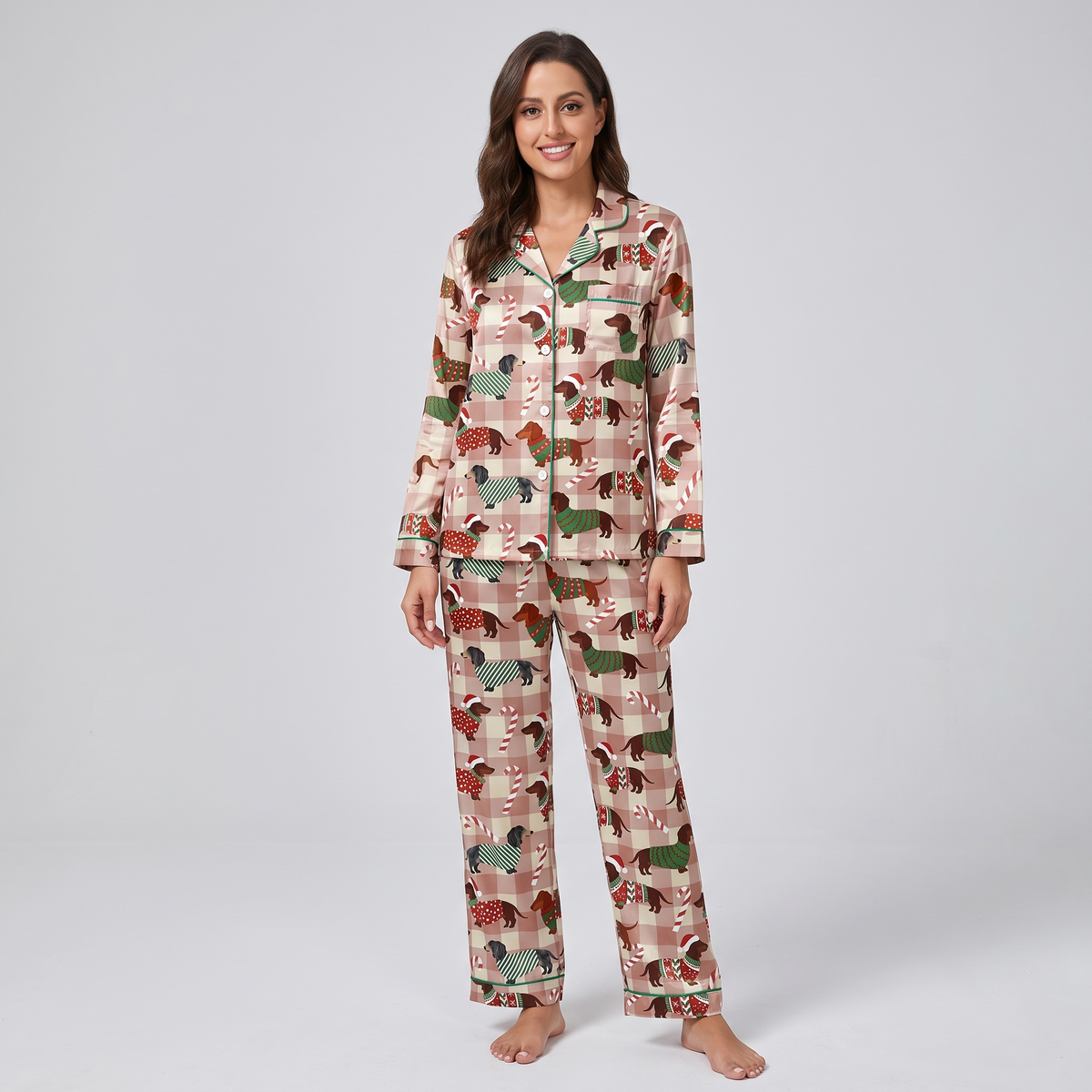 Dachshund Plaid Women's Pajama Set - long sleeve and pants
