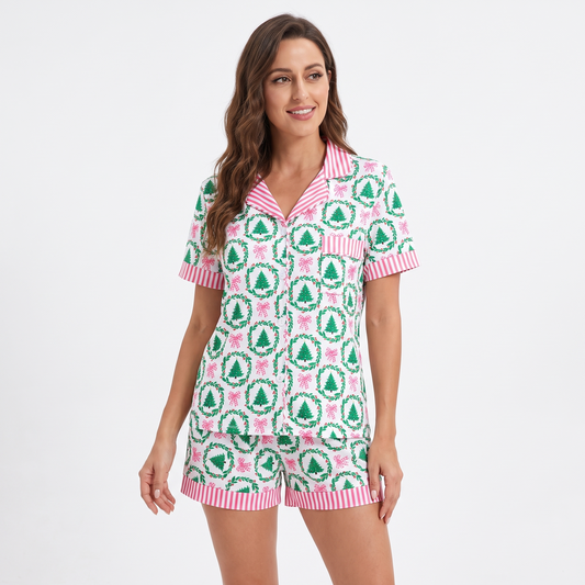 Christmas Trees & Wreaths Women's Pajama Set - short sleeve and shorts
