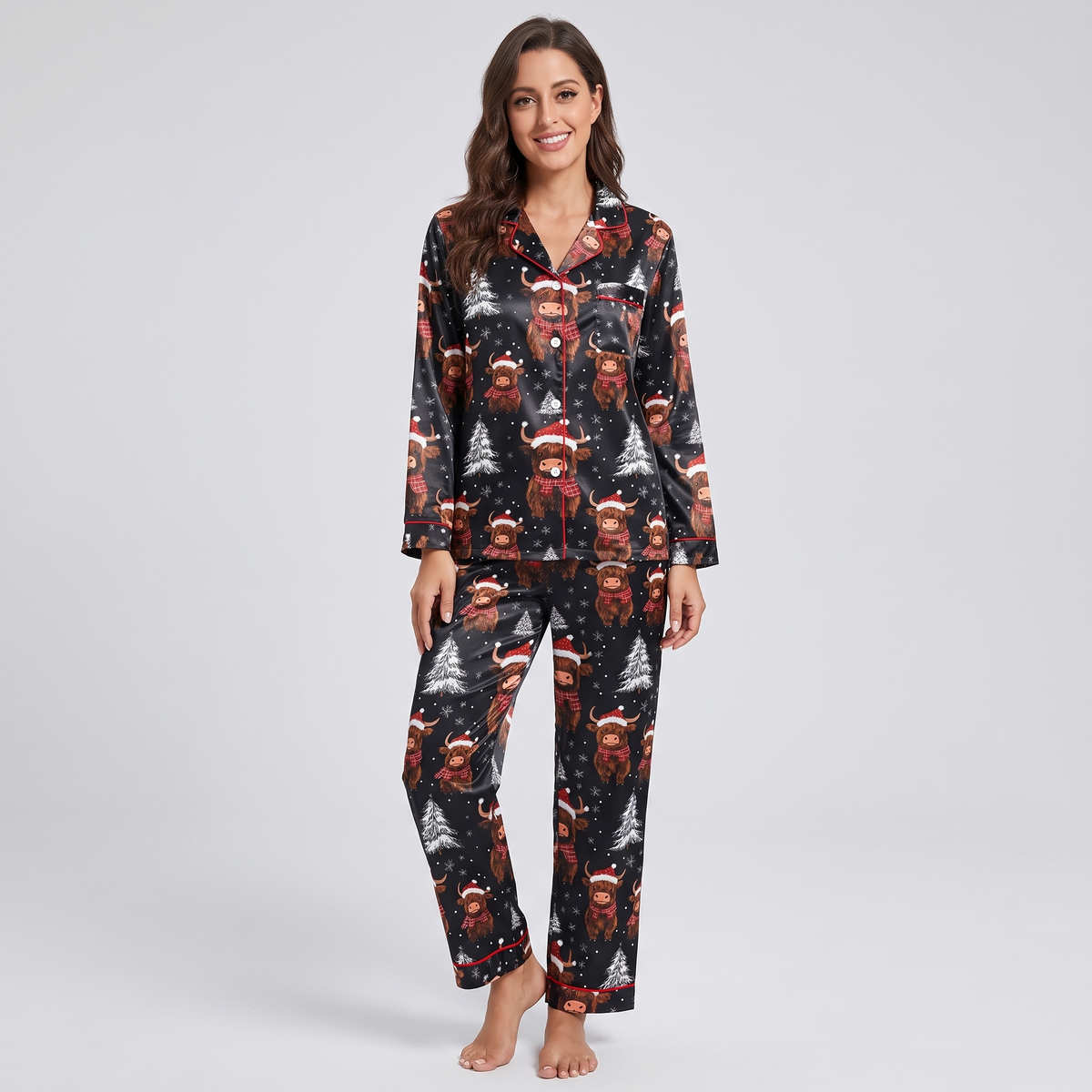 Midnight Highland Cows Women's Pajama Set - long sleeve and pants