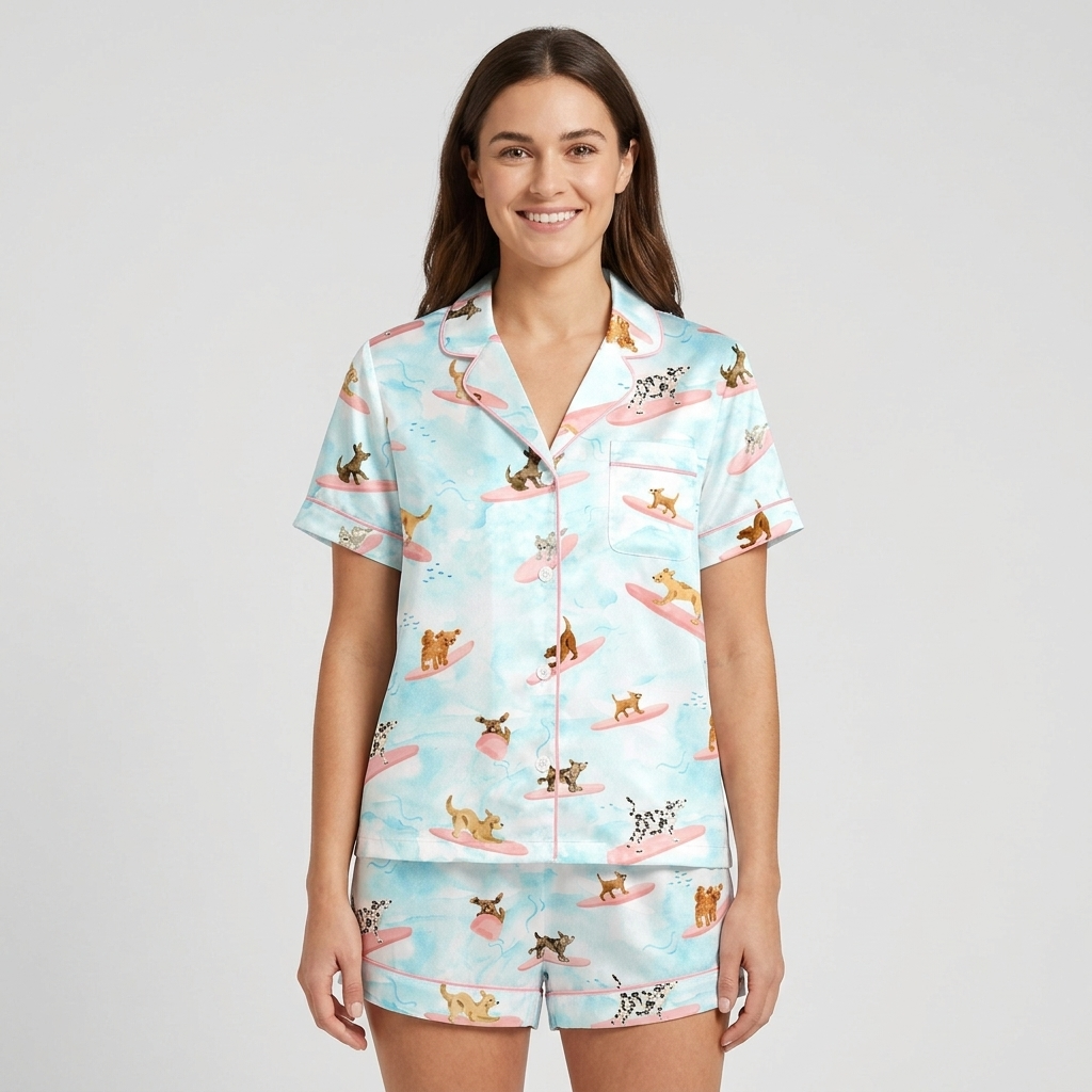 Women's satin pajama set with dalmatians and terriers surfing on pink boards on watercolor blue - short sleeve and shorts
