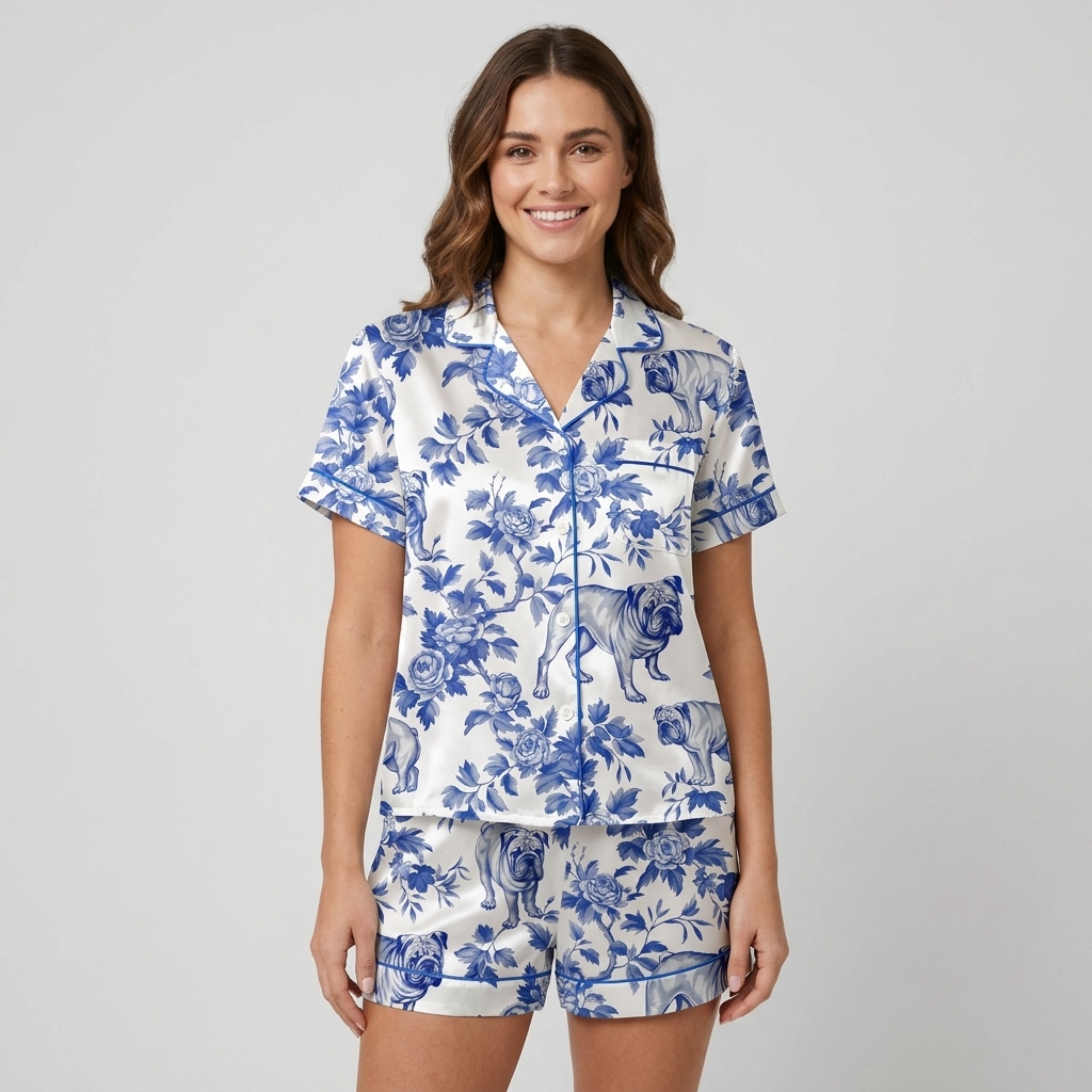 Women's satin pajama set with bulldogs in blue and white floral toile with roses on white - short sleeve and shorts