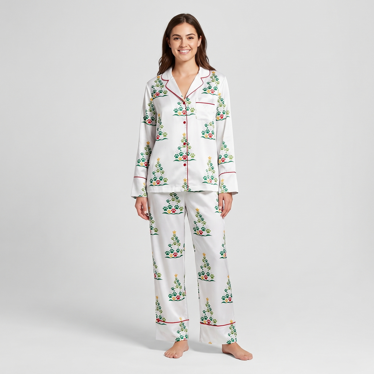 Paw Print Christmas Trees Women's Pajama Set - long sleeve and pants