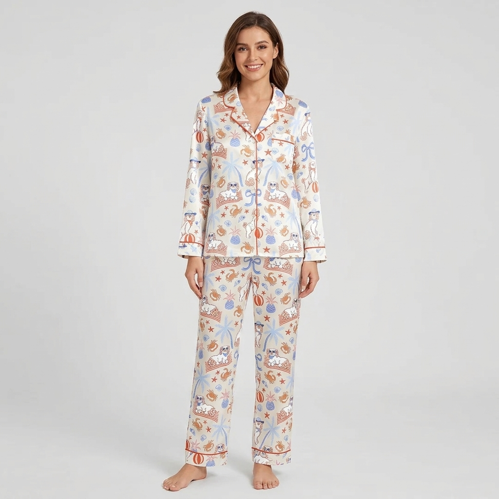 Women's satin pajama set with white pups in sunglasses with crabs, pineapples and palm trees - long sleeve and pants