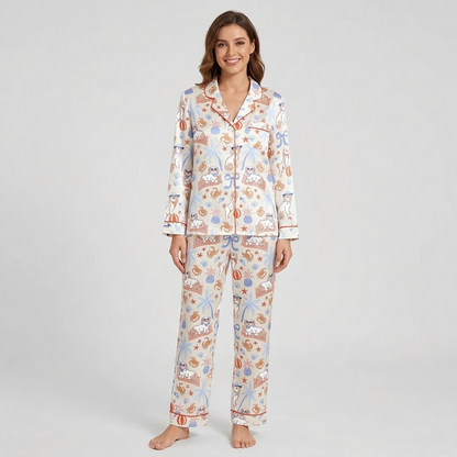 Women's satin pajama set with white pups in sunglasses with crabs, pineapples and palm trees - long sleeve and pants