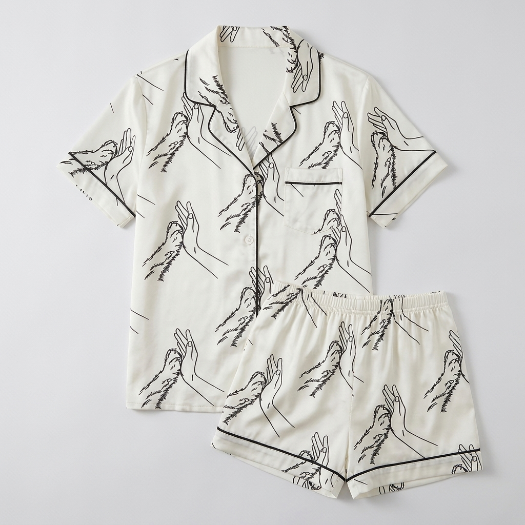 Women's satin pajama set with line-art hand and dog paw high fives on white - flat lay