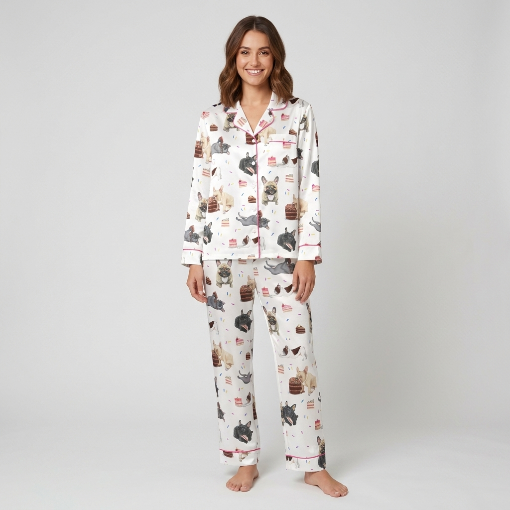 Women's satin pajama set with cream, fawn and charcoal French bulldogs with cake and strawberries on white - long sleeve and pants