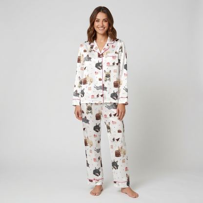 Women's satin pajama set with cream, fawn and charcoal French bulldogs with cake and strawberries on white - long sleeve and pants