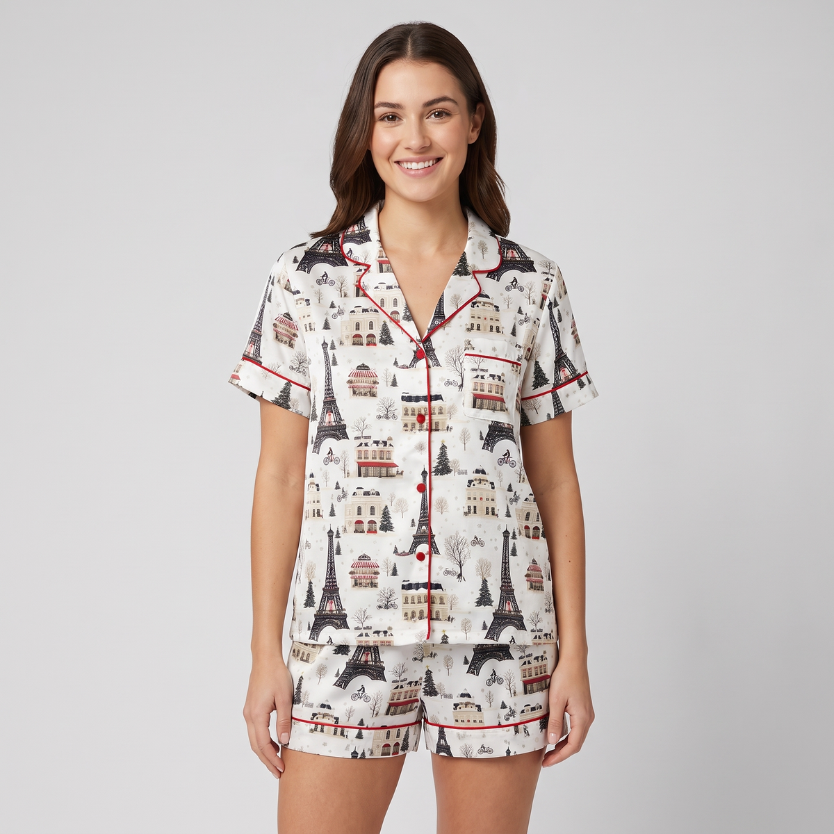 Christmas In Paris Women's Pajama Set - short sleeve and shorts