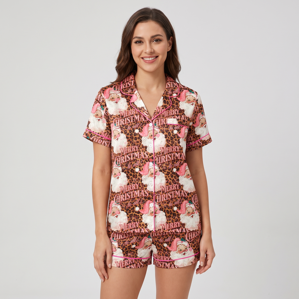 Merry Leopard Santa Women's Pajama Set - short sleeve and shorts