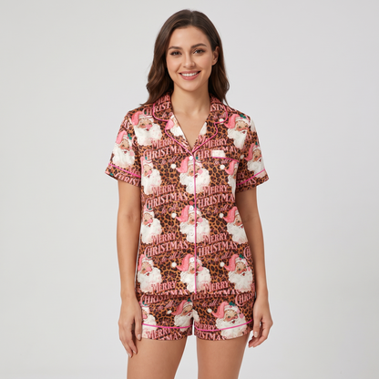 Merry Leopard Santa Women's Pajama Set - short sleeve and shorts