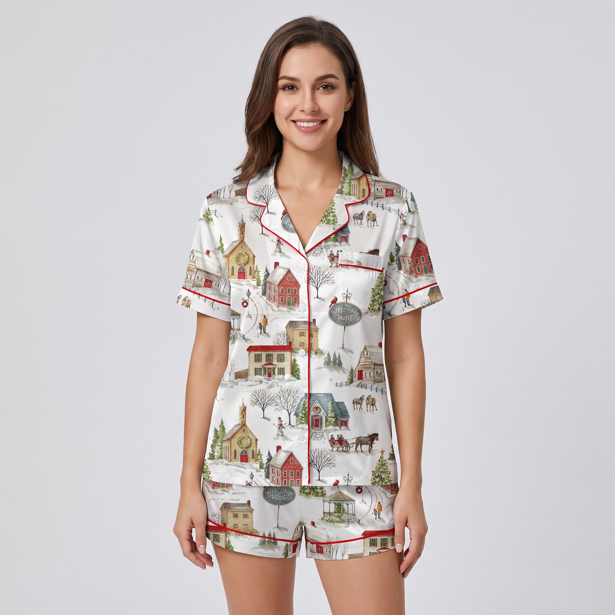 Snowy Christmas Village Women's Pajama Set - short sleeve and shorts