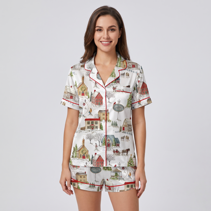 Snowy Christmas Village Women's Pajama Set - short sleeve and shorts