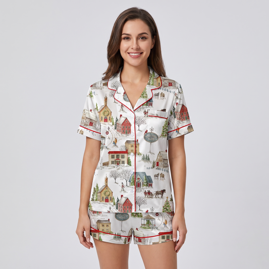 Snowy Christmas Village Women's Pajama Set - short sleeve and shorts