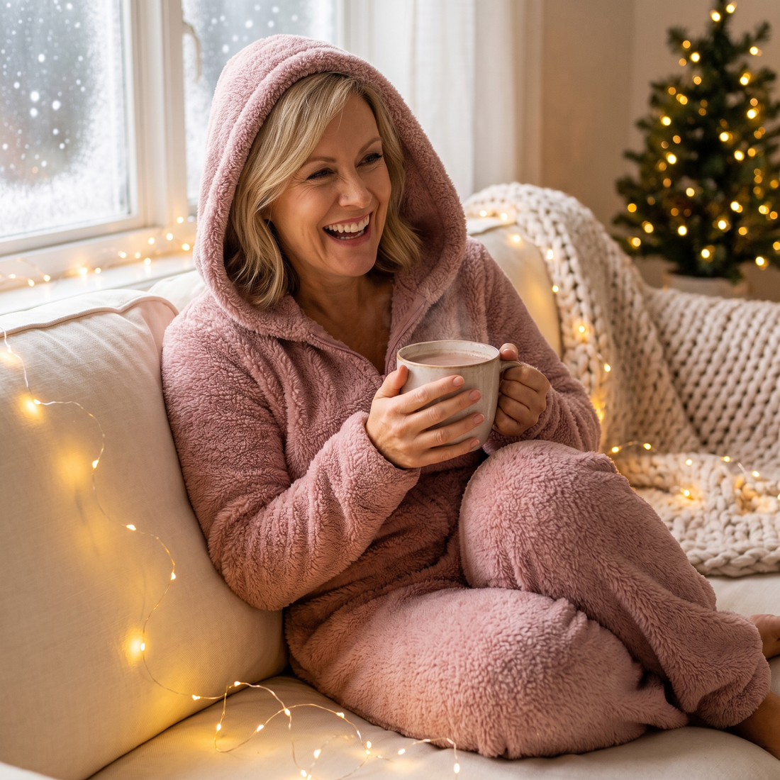 Woman in a pink fuzzy fleece onesie with hot cocoa