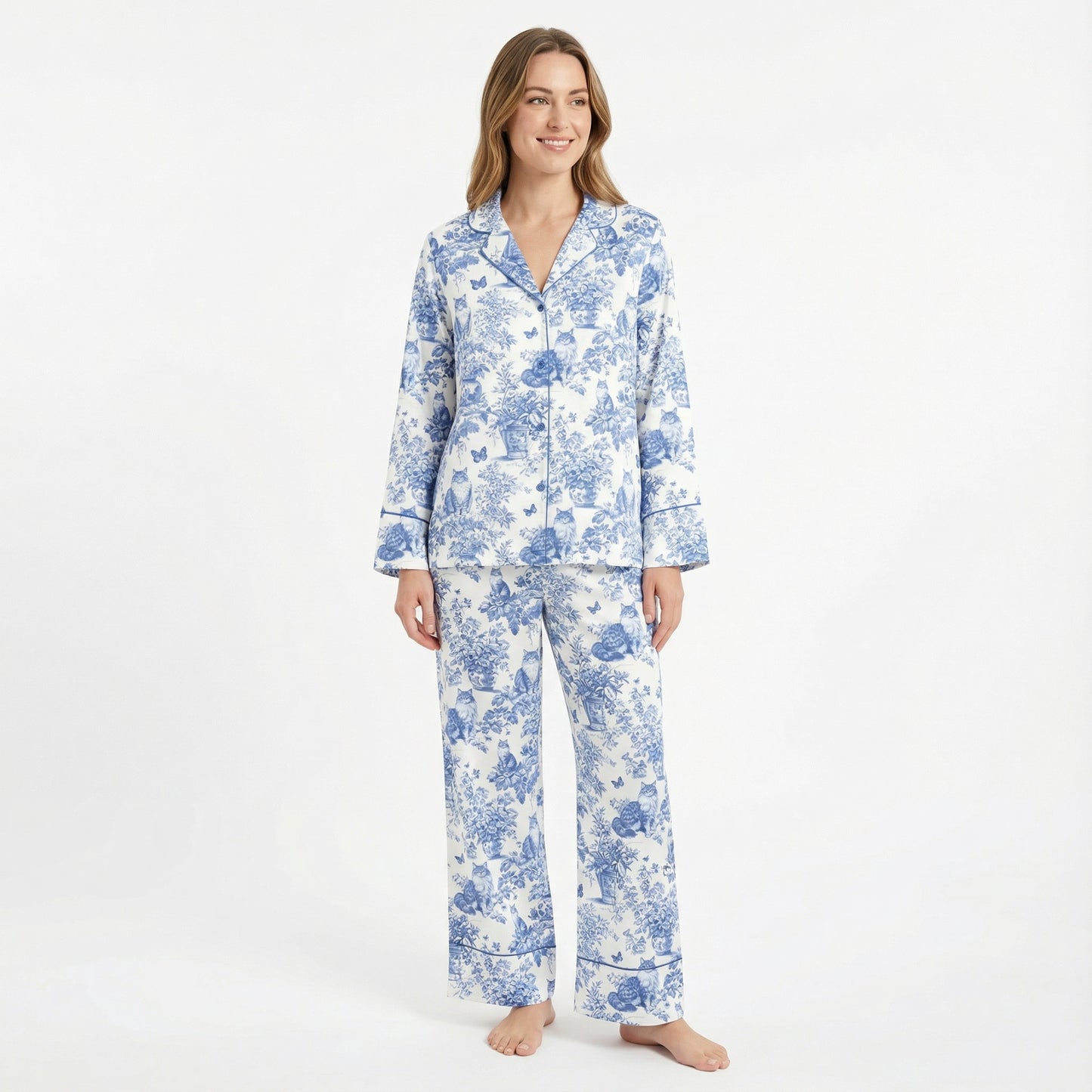 Blue Toile Maine Coon Cat Women's Pajama Set