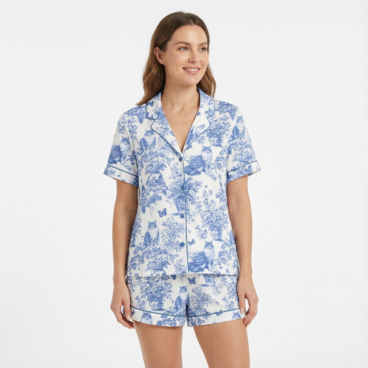 Blue Toile Maine Coon Cat Women's Pajama Set