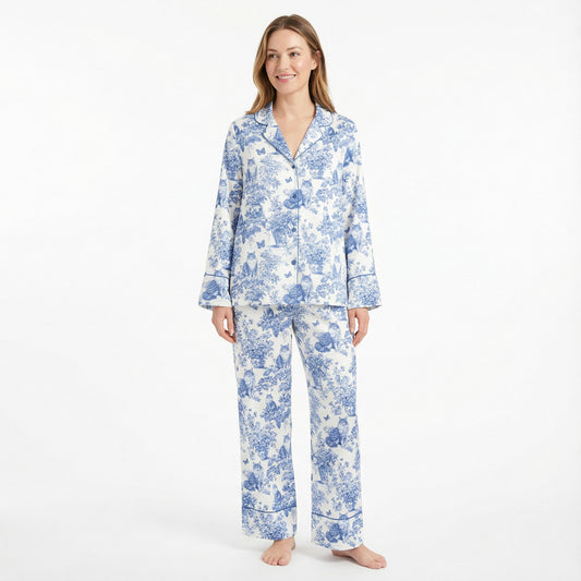 Blue Toile Maine Coon Cat Women's Pajama Set