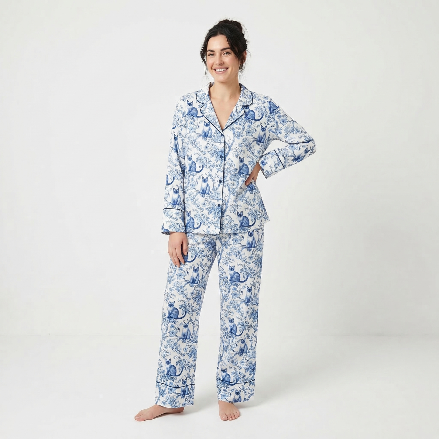 Blue Toile Siamese Cat Women's Pajama Set