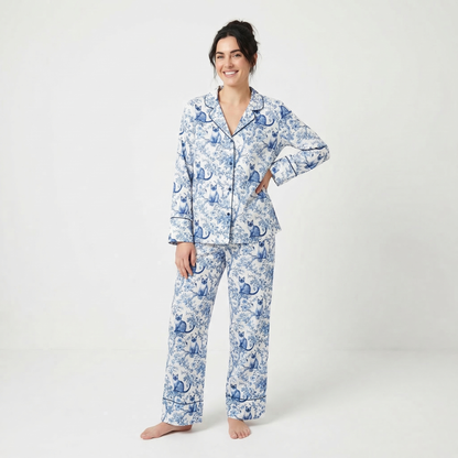 Blue Toile Siamese Cat Women's Pajama Set