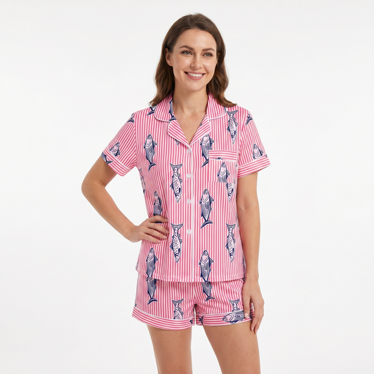 "Coastal Catch" Women's Striped Fish Pajamas