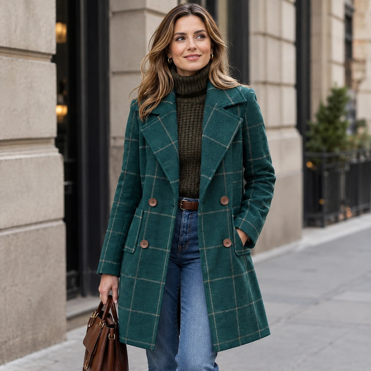 Women's Single-Breasted Plaid Wool Blend Trenchcoat
