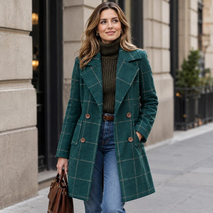 Women's Single-Breasted Plaid Wool Blend Trenchcoat