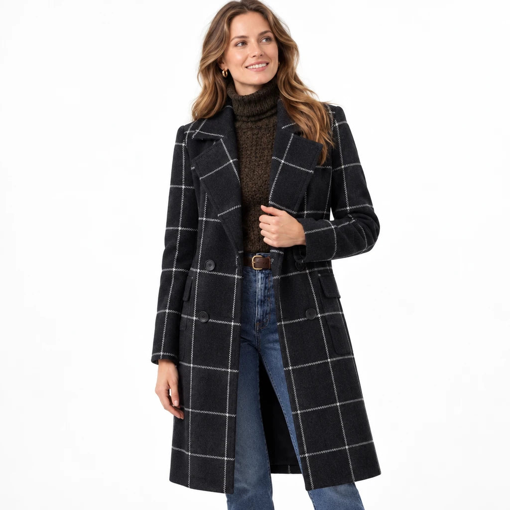 Women's Single-Breasted Plaid Wool Blend Trenchcoat