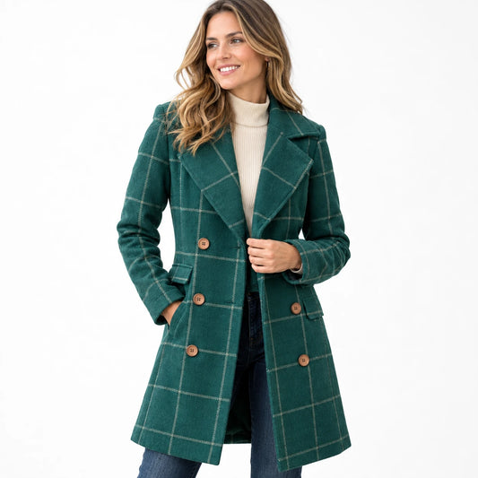 Women's Single-Breasted Plaid Wool Blend Trenchcoat