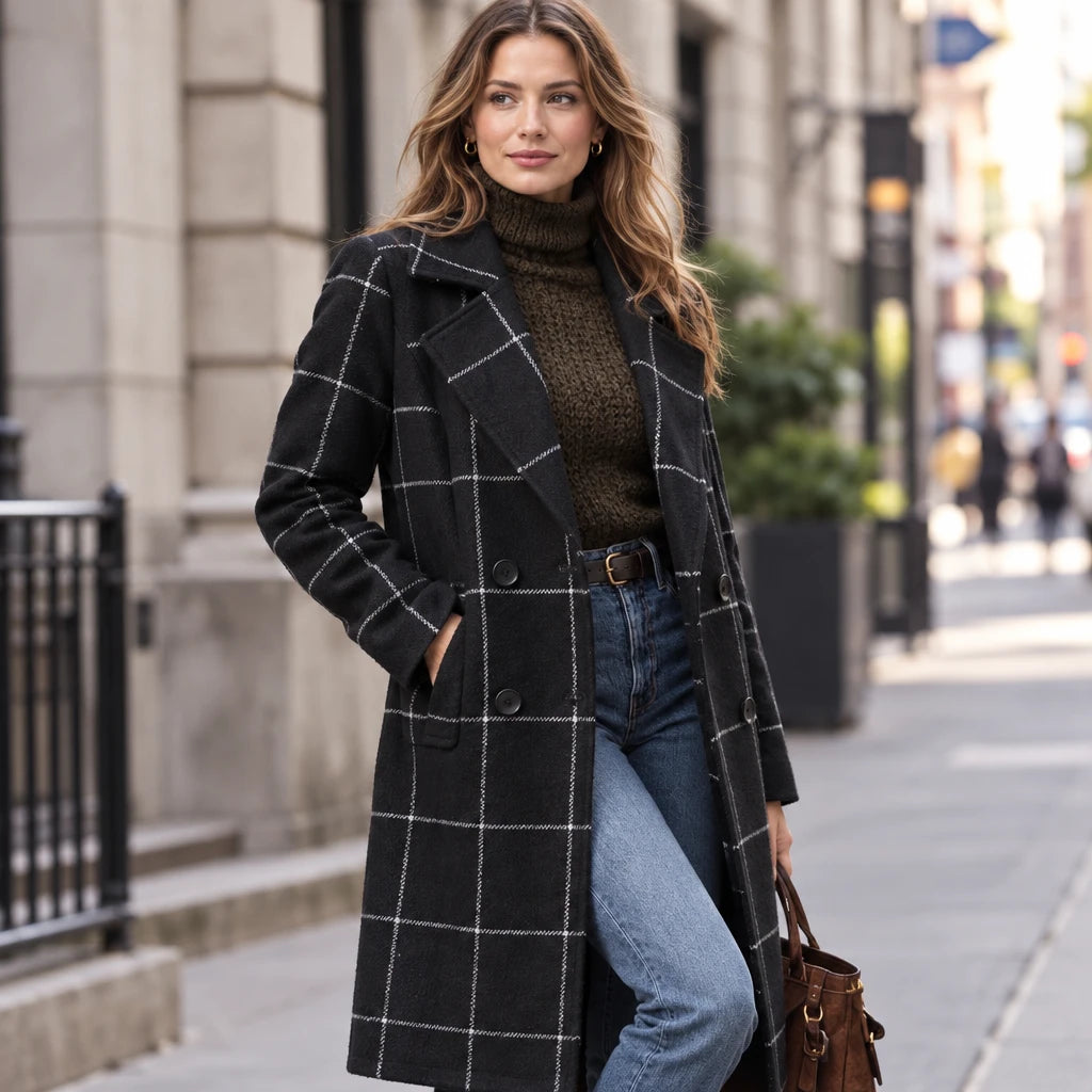 Women's Single-Breasted Plaid Wool Blend Trenchcoat