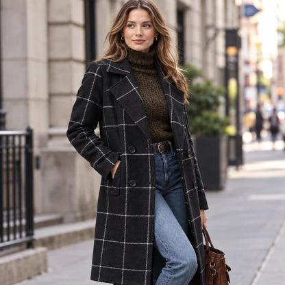 Women's Single-Breasted Plaid Wool Blend Trenchcoat